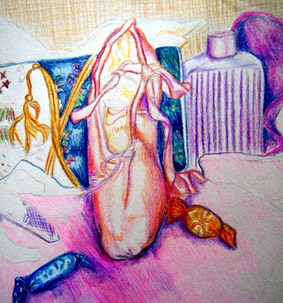 Ballet Still Life colour pencil drawing by Claire Drake
