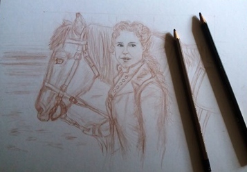 "Marian & Horse on the Beach" drawing art by Claire Drake Artist & Designer